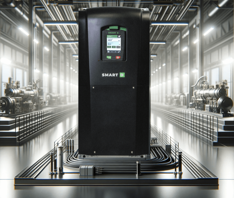 SmartD Clean Power VFD in a sleek, modern industrial setting, highlighting streamlined installation and simplified integration.