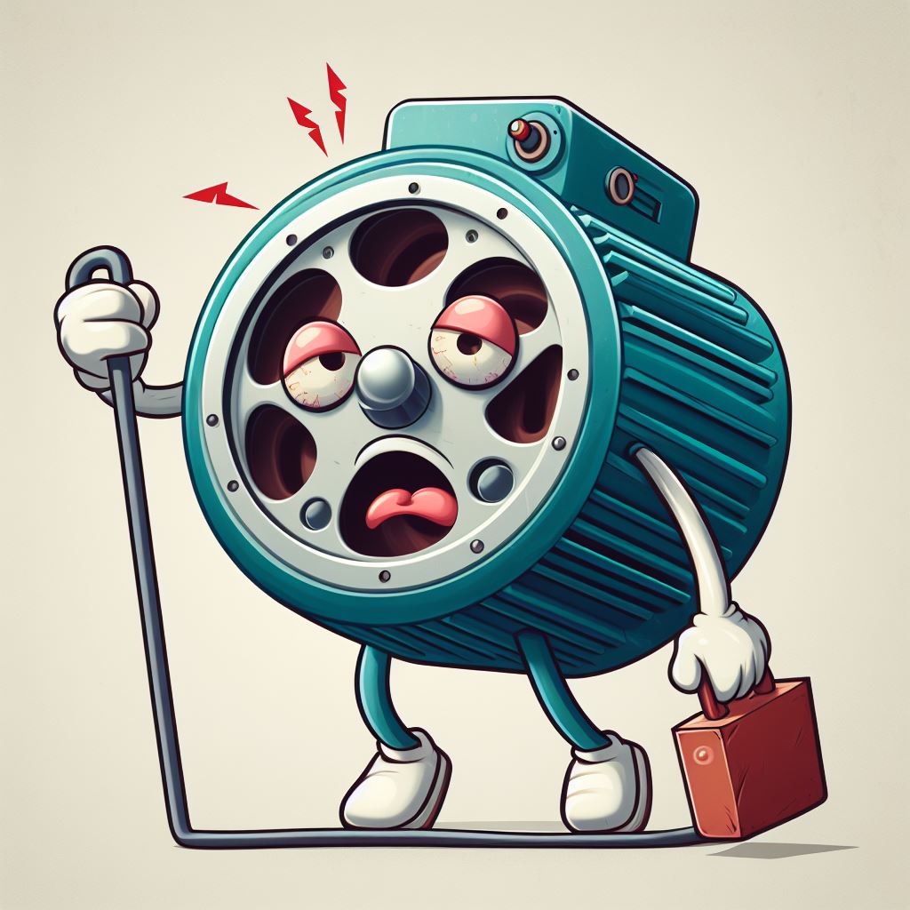 Cartoon illustration of a tired and pained electric motor, with droopy eyes, holding a walking stick and a briefcase, symbolizing weariness and strain.