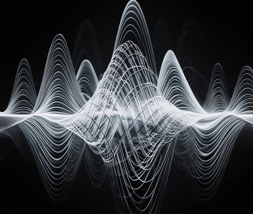 Abstract visualization of sine waves distorted by harmonics on a dark background