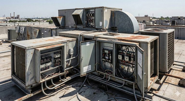 Rooftop HVAC units with variable frequency drives installed directly at the equipment, close to the motors